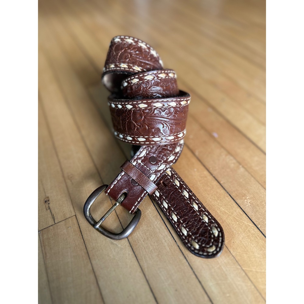 Tony Lama 2" Whipstitch Tooled Leather Belt Brown 44 41-44"